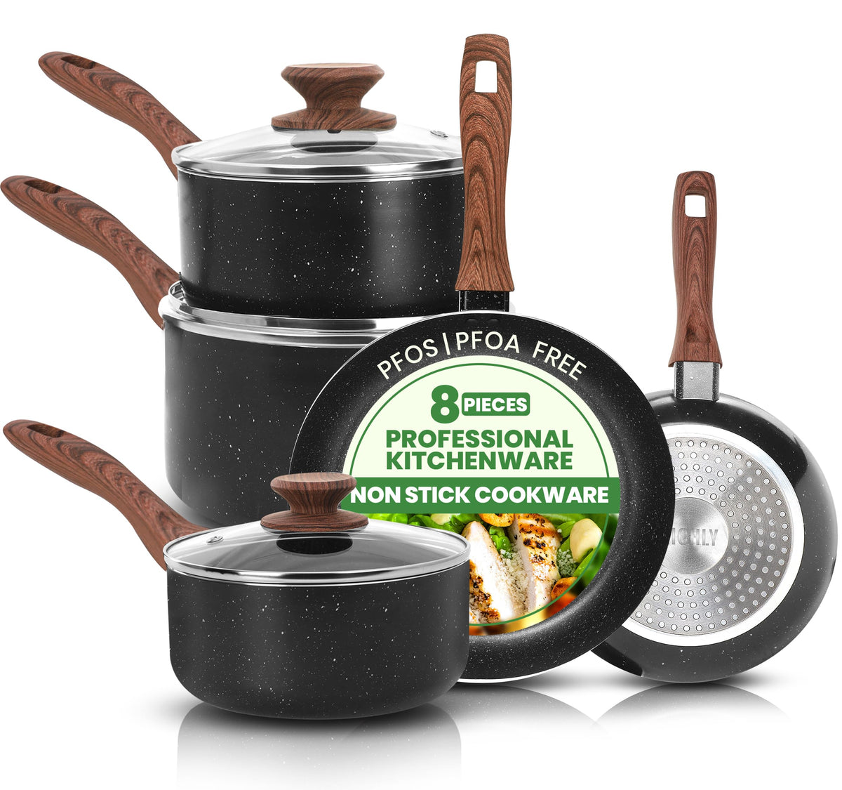 KICHLY Granite Pots and Pans Cookware Set 8 Piece PFOA-Free