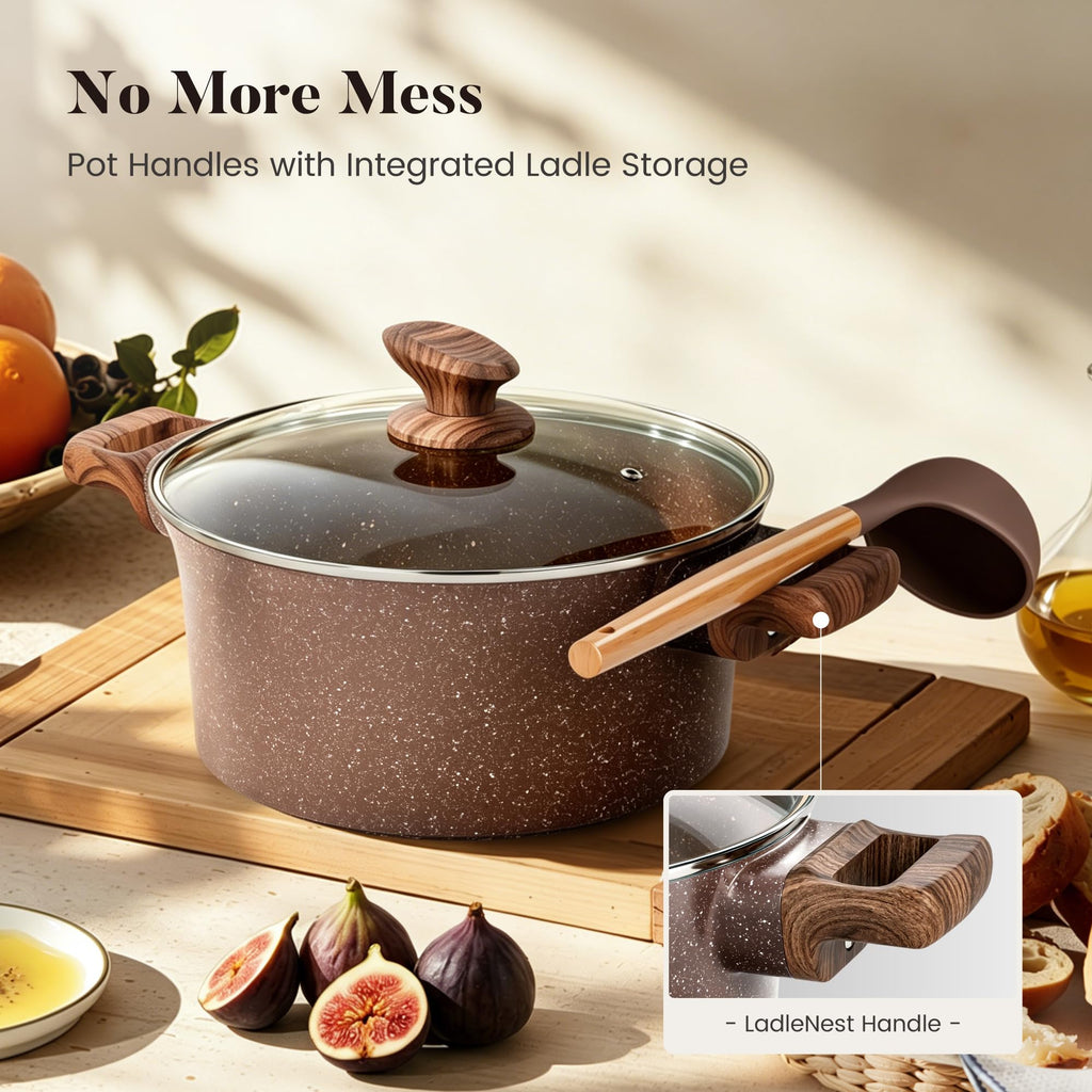 Kitchen Academy 10Pcs Induction Pots & Pans Set Non Stick, Brown