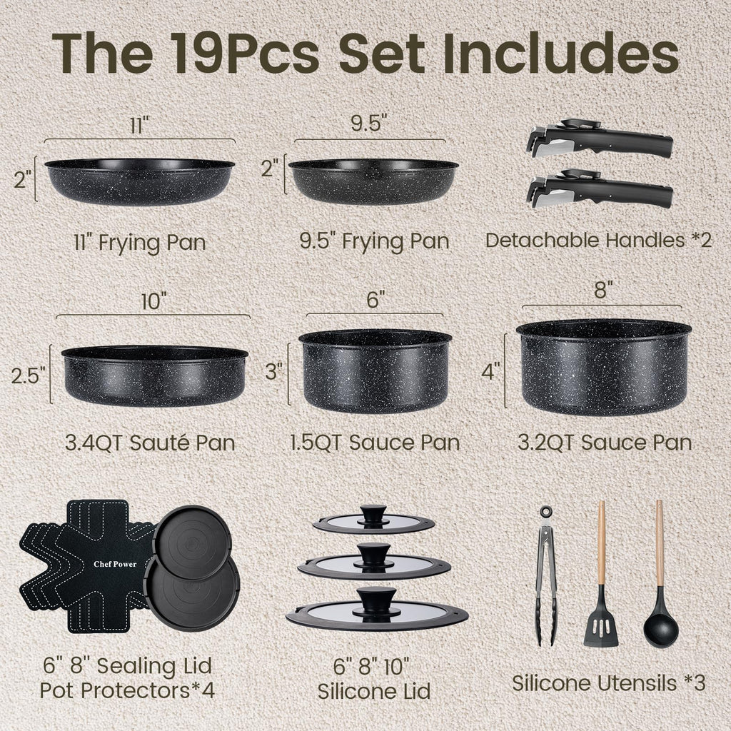 Chef Power Ceramic Cookware Set, 19 PCS Detachable Non Stick Pots and Pans