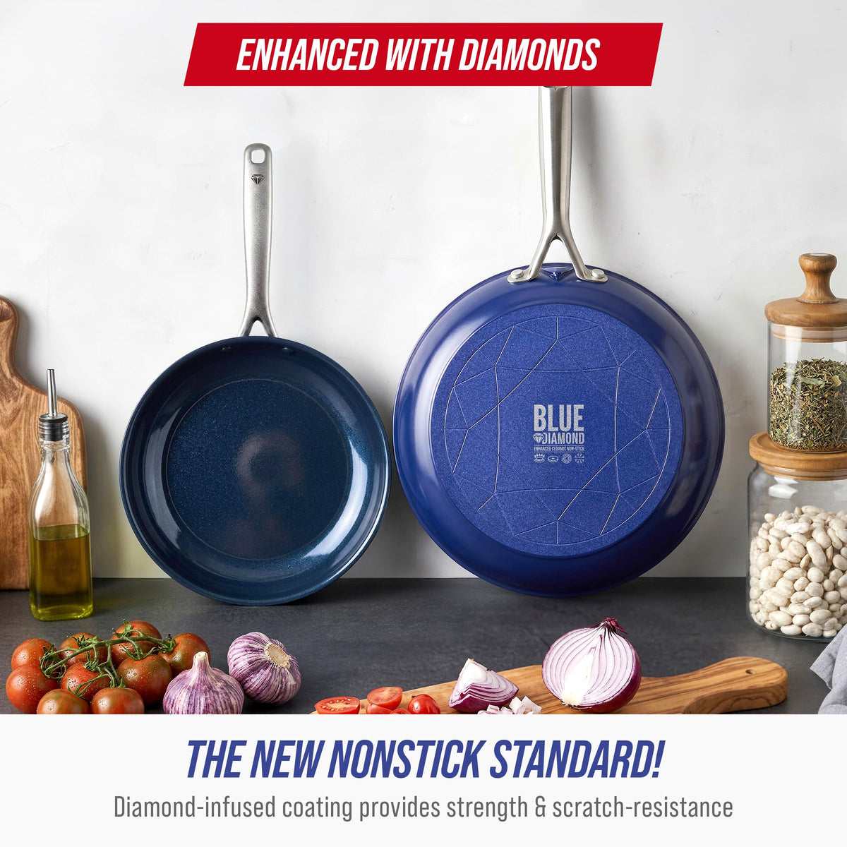 Blue Diamond 2 Piece Nonstick Frying Pan Set, 9.5” & 11" Skillets, PFAS-Free Ceramic, Dishwasher & Oven Safe, Stainless Steel Handle, Durable Metal Utensil Safe, Egg & Omelet Pans, Blue