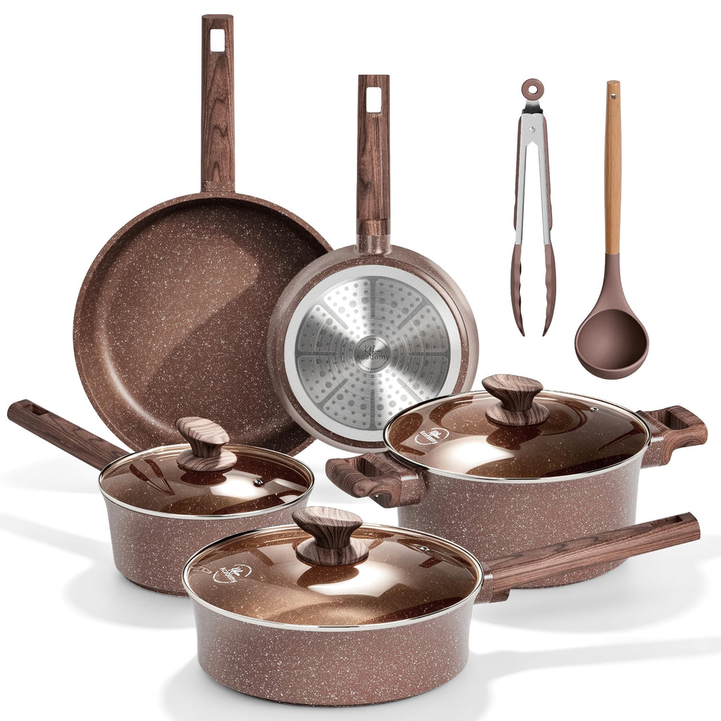 Kitchen Academy 10Pcs Induction Pots & Pans Set Non Stick, Brown