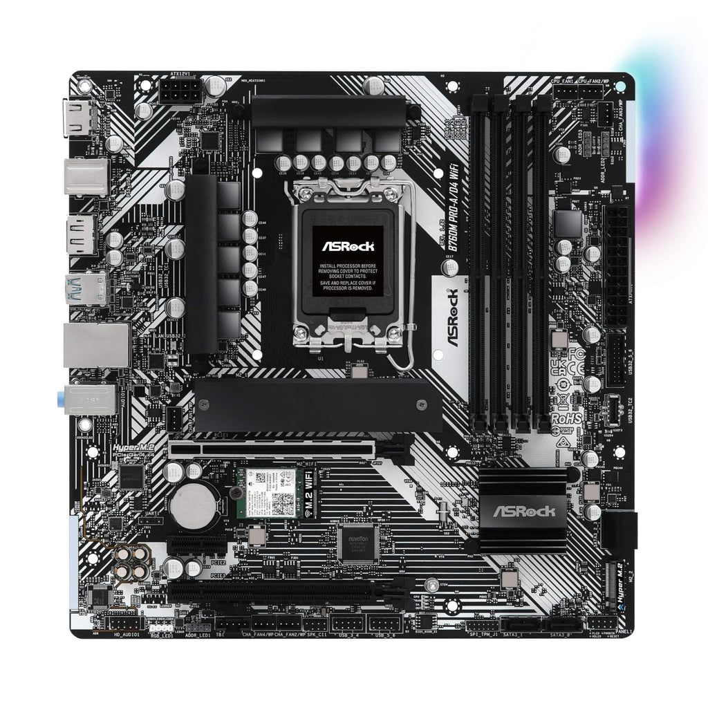 ASRock B760M Pro-A/D4 WiFi Micro ATX Motherboard, Intel LGA1700, DDR4 5333+ (OC), PCIe 4.0, 2.5G LAN, Wi-Fi 6E, 7+1+1 Dr.MOS