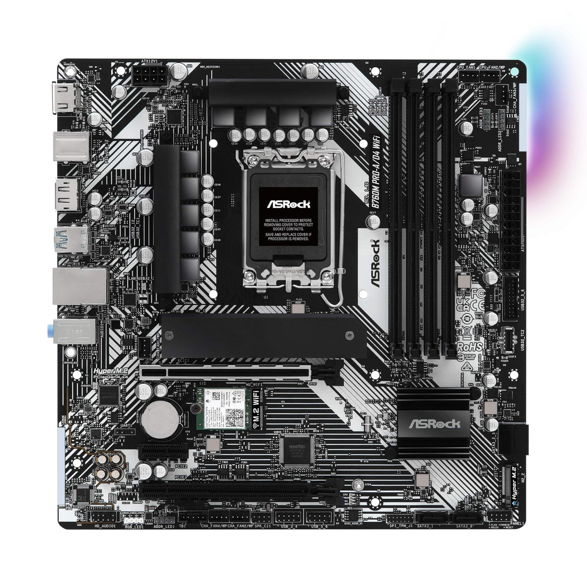 ASRock B760M Pro-A/D4 WiFi Micro ATX Motherboard, Intel LGA1700, DDR4 5333+ (OC), PCIe 4.0, 2.5G LAN, Wi-Fi 6E, 7+1+1 Dr.MOS