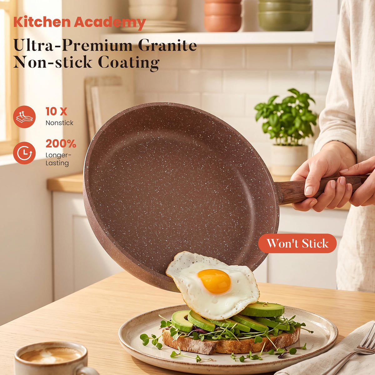 Kitchen Academy 10Pcs Induction Pots & Pans Set Non Stick, Brown